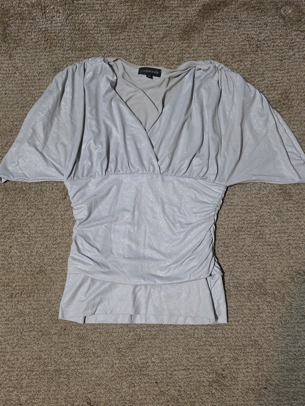 Rampage Silver Sparkle V-Neck Ruched Blouse